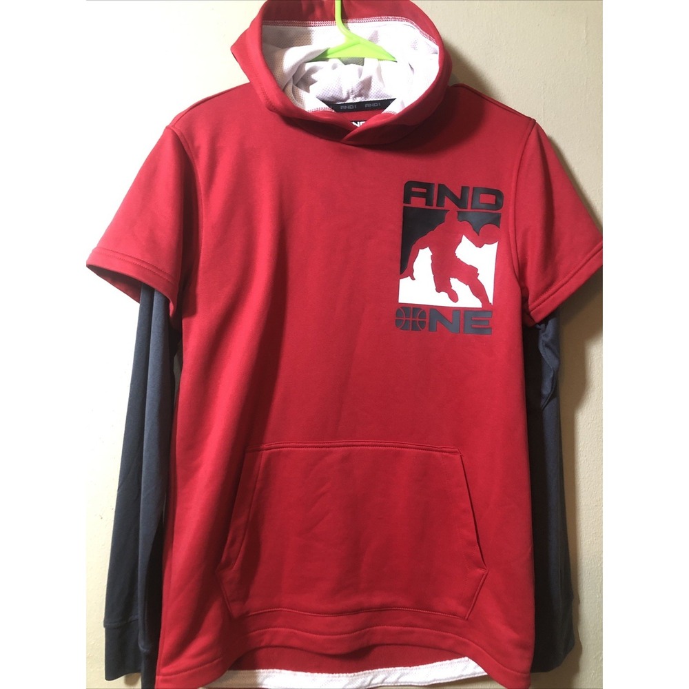 AND1 Boys  Red Long Sleeve Layered Look Hoodie Size XL 14/16 AND ONE Basketball